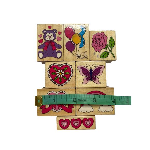 Assorted Hearts Balloon Rainbow Flower Butterfly Wood Mount Rubber Stamp Set - Picture 3 of 4